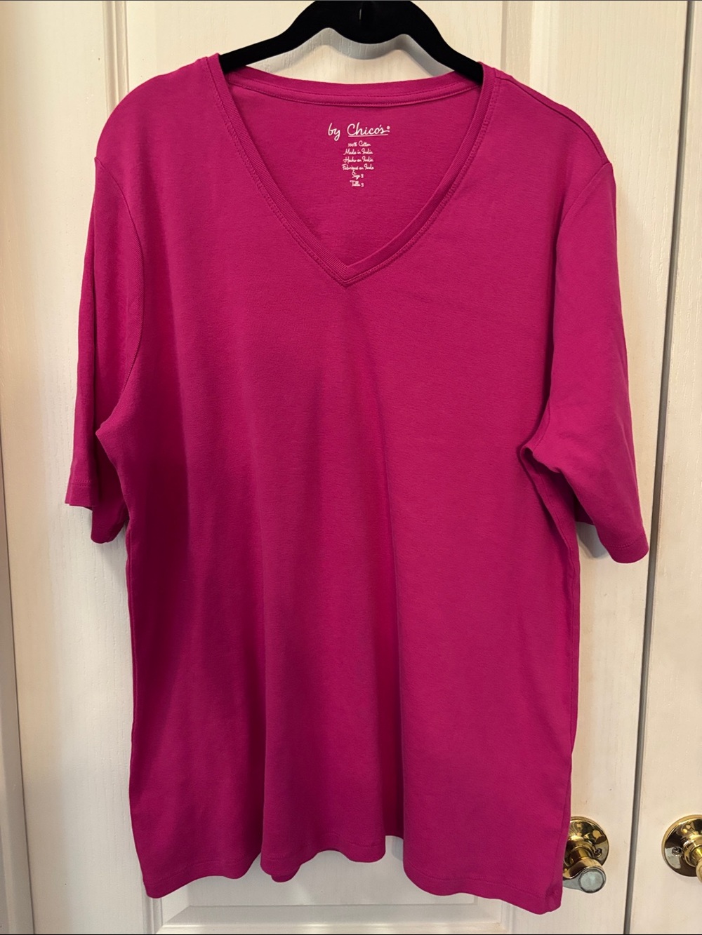 Chico's Elbow-Sleeve V-Neck Tee in Bright Berry (Bengali)